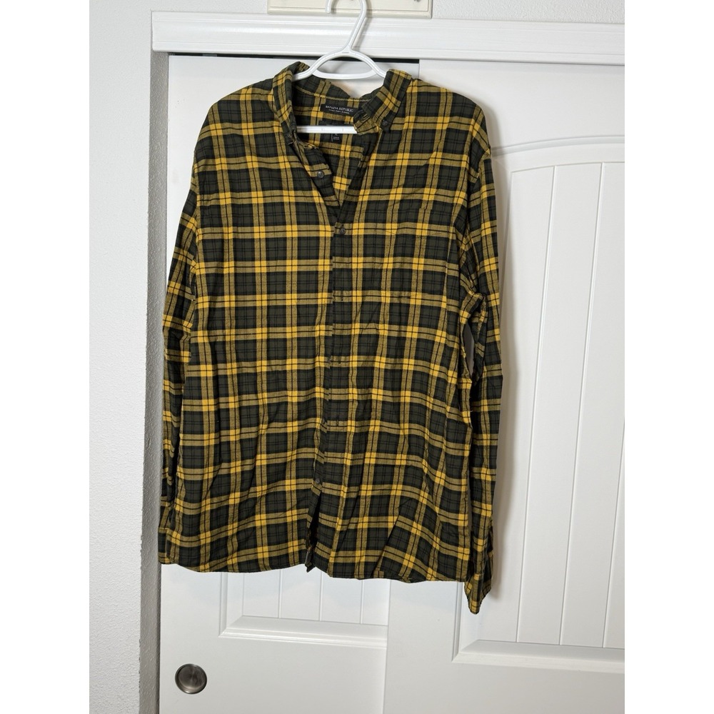 Banana Republic Black & Yellow Soft Flannel Plaid Shirt Untucked Fit Mens XL
